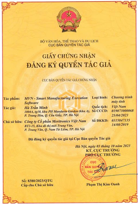 Copyright — MVN Smart MES certificate issued to Meritronics Vietnam