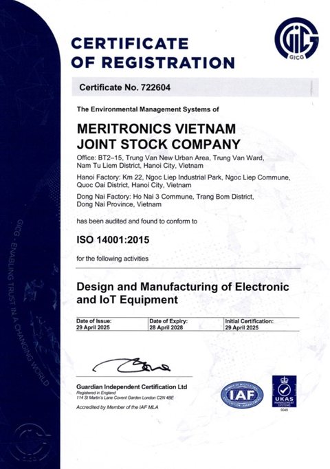 ISO 14001:2015 certificate issued to Meritronics Vietnam