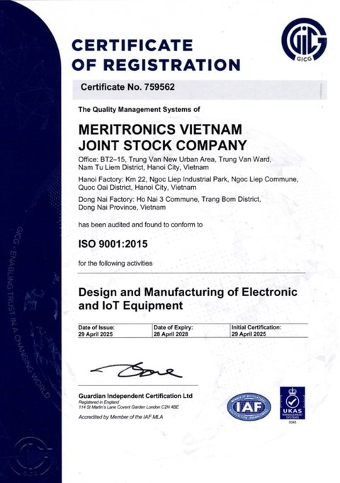 ISO 9001:2015 certificate issued to Meritronics Vietnam