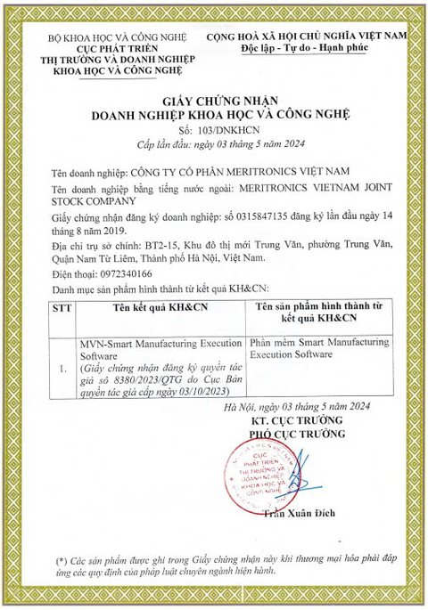 Science & Technology Enterprise certificate issued to Meritronics Vietnam